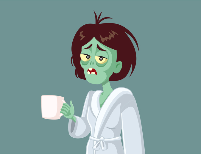 zombiecellen zombievrouw illustratie groen gezicht vermoeid met witte badjas