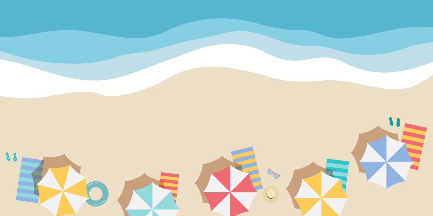 Illustratie van een strand, zee, parasoletjes en badhanddoeken