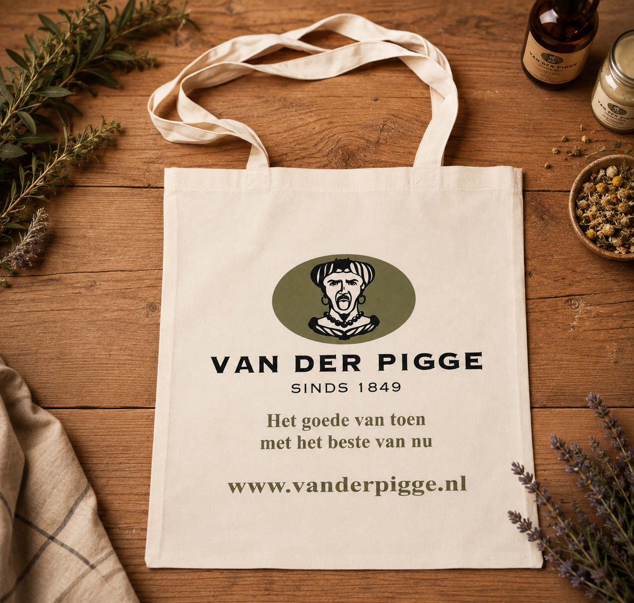 Een foto van een liggende canvas tas op een houten toonbak. Op de tas staat het Van der Pigge logo