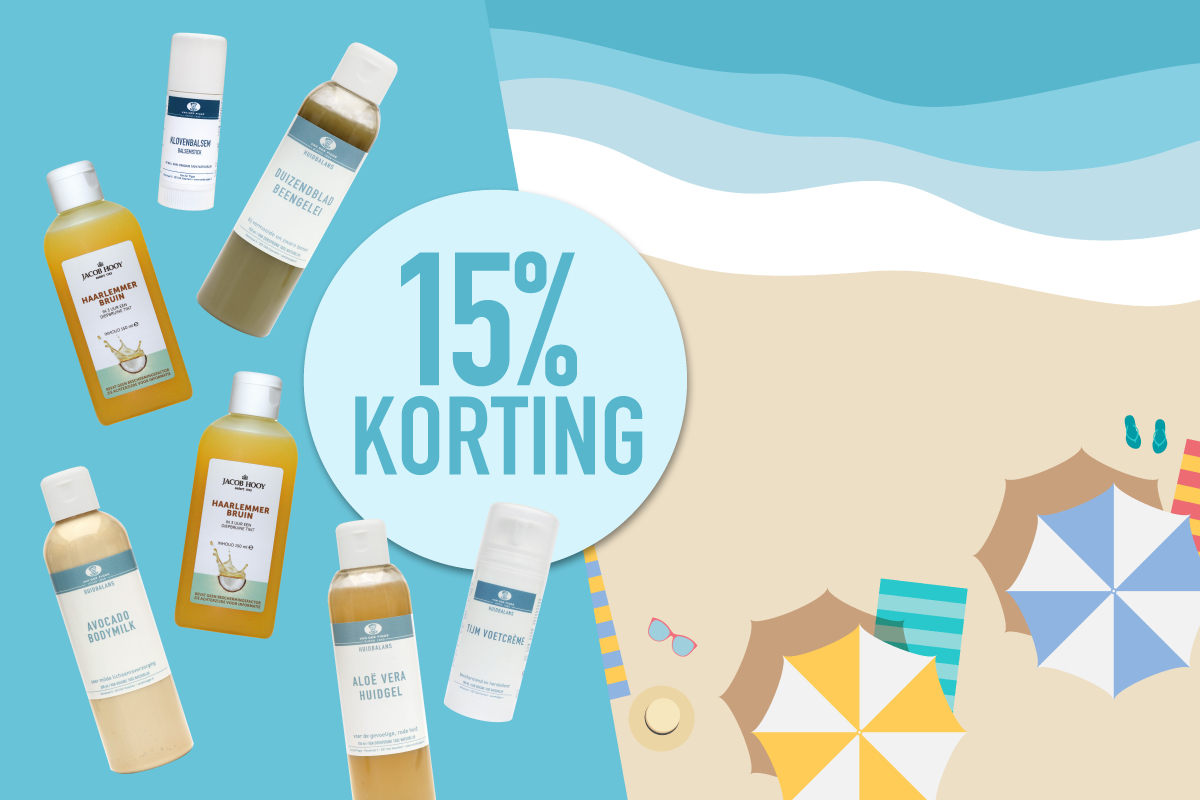 illustratie van een strand met aanspoelende golf, vrolijk gekleurde parasolletjes en badhandoekken, 15% korting op de afgebeelde artikelen